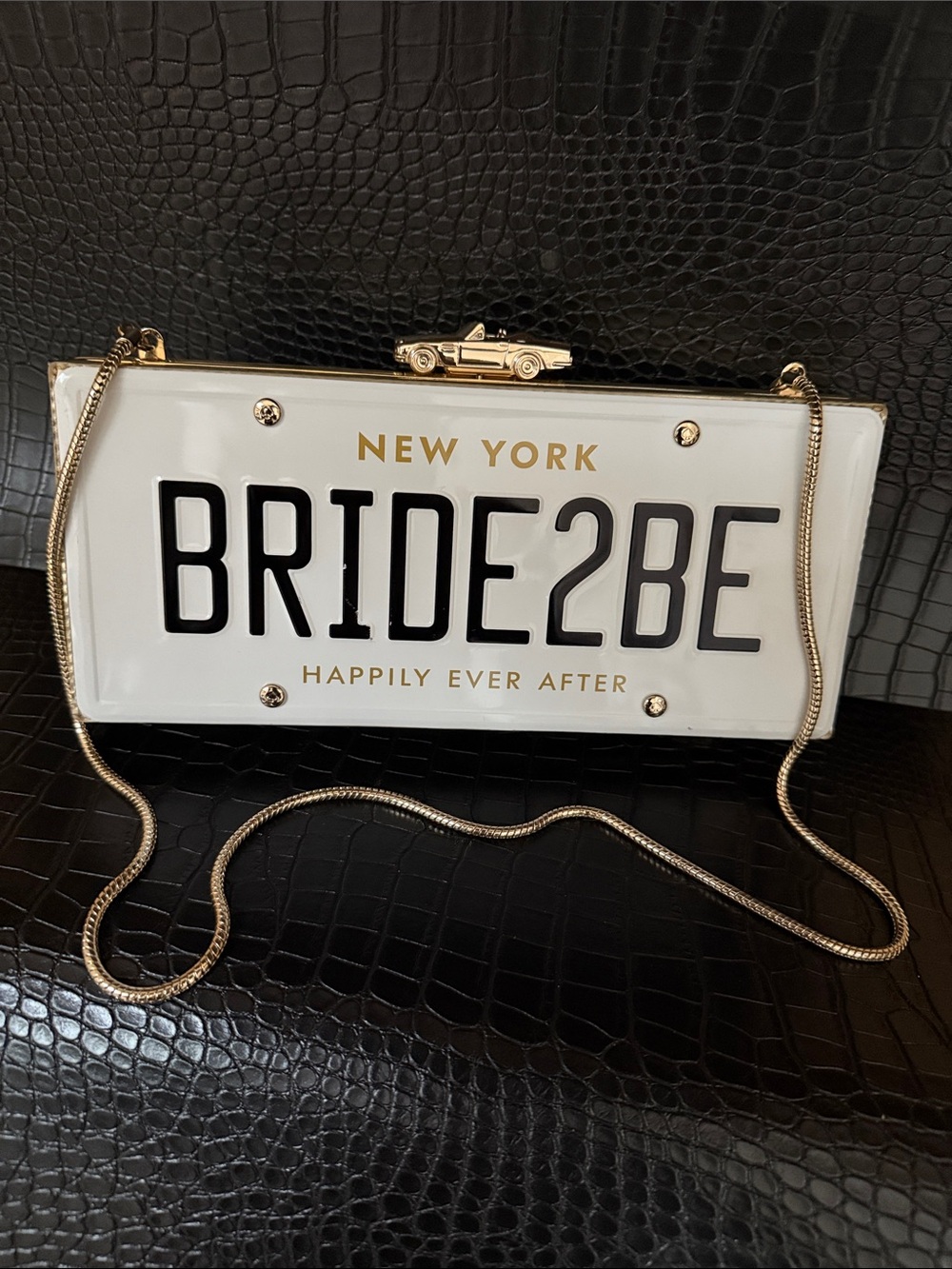 kate spade BRIDE2BE White License Plate Clutch with Gold Chain Strap
